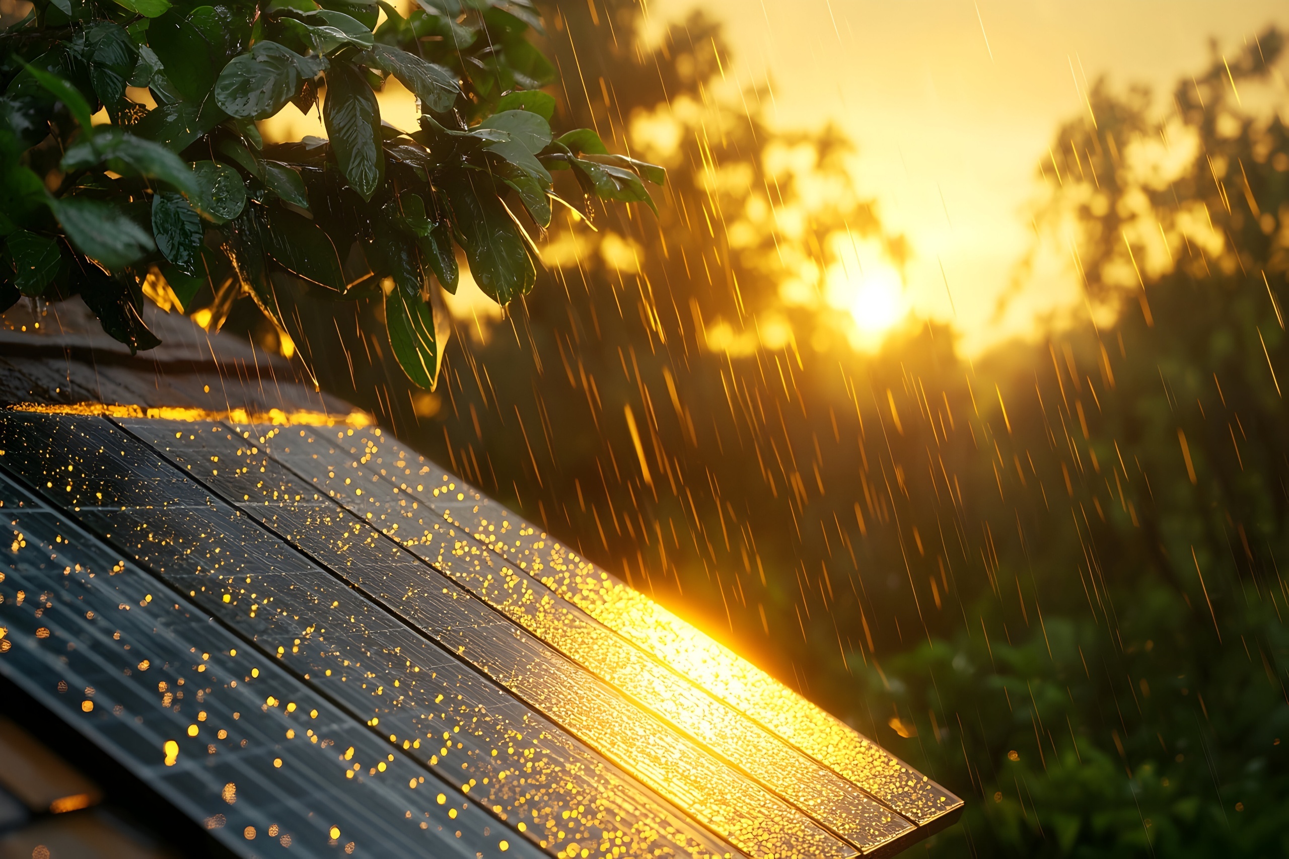 solar panels house roof rainstorm with sunset light lush green surroundings